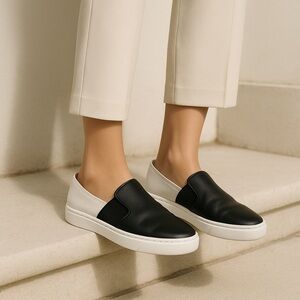 Chanel Black & White Leather Slip-On Sneakers 2016 Karl Lagerfeld Era Size 38.5